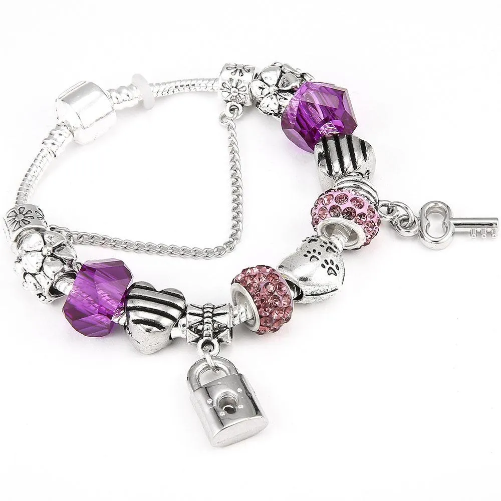 Womens Spinner Romantic Charm Bracelet Love Heart Key and Lock