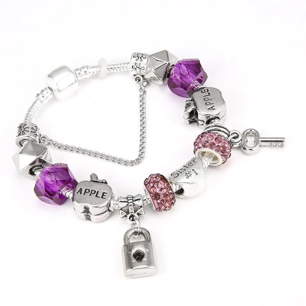 Womens Spinner Romantic Charm Bracelet Love Heart Key and Lock